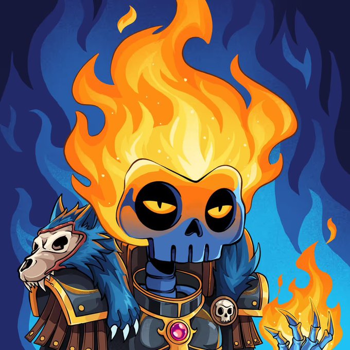 A cartoon illustration of a flaming skull warrior character with bright orange flames for hair, wearing blue fur armor and holding a fireball, accompanied by a skeletal horse companion.