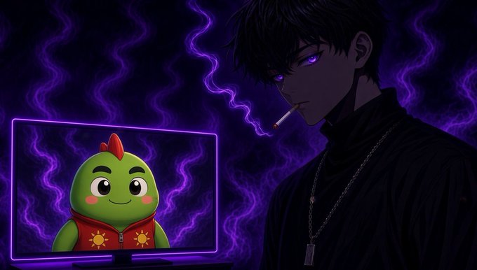 An anime-style illustration shows a dark-haired character with glowing purple eyes smoking a cigarette, standing next to a monitor displaying a green cartoon mascot in a red vest against a wavy purple background.