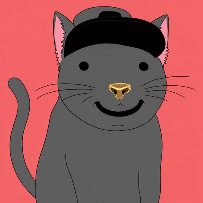 An illustration of a smiling gray cat wearing a black backwards cap with a gold nose against a pink background.