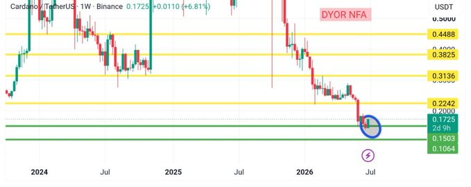 A weekly Cardano (ADA/USDT) Binance chart shows the price currently at 0.1725 (+6.81%), circled in blue at the green support region between 0.1503 and 0.2080, with yellow resistance levels marked at 0.3136, 0.3825 (key area), 0.4488, and 0.5088. The chart illustrates ADA's multi-year downtrend from 2024 highs to 2026 lows, with the caption noting that buyers are responding to defend the green support zone after a sharp breakdown.