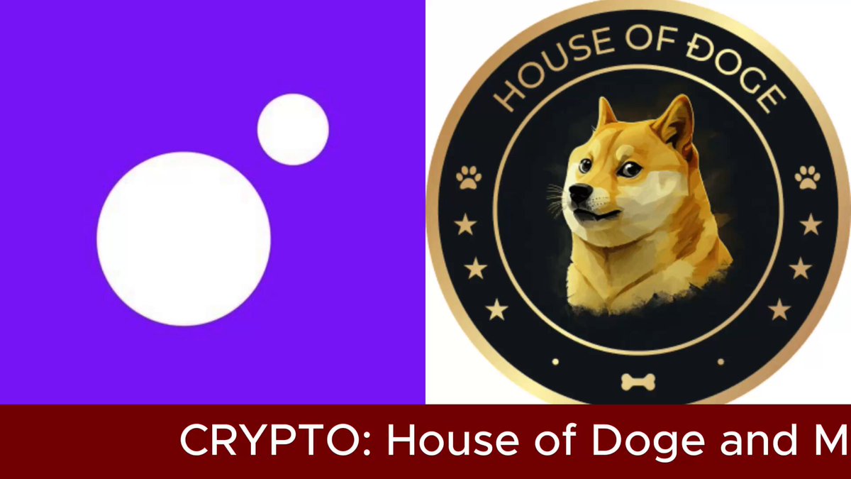 The image features two logos side-by-side against a purple background. One logo displays a yellow dog's head, while the other logo shows a purple circle with a white dot inside. The text "Crypto::House of Doge" is written below each logo in red. Below these logos, there are descriptions related to cryptocurrency and dogecoin. The first description reads: "Crypto: House of Doge". The second description states: "MoonPay enables DOGE payments across 6,000 global merchants @MoonPay and @HouseofDoge partner to integrate native $DOGE deposits across a global network of 6,000+ merchants".