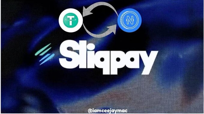 A digital display showing the 'Slippay' logo in white text on a blue background, with Tether (USDT) and NANO cryptocurrency icons and exchange arrows above.