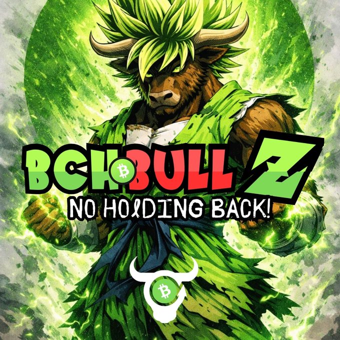 A bold green and red graphic titled "BULL NO HOLDING BACK" with a Bitcoin "B" replacing the "U," featuring an anime-style bull warrior with horns and spiky hair surrounded by green energy.