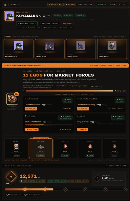 A collector dashboard interface for 'KUYAMARKX' showing cryptocurrency wallet balances, NFT collection cabinets (MeowBot, Mythic Oddly, Oddly), and marketplace listings for '11 EGGS FOR MARKET FORCES' with a rank of 7 and 12,571 TP.