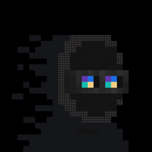 A pixelated Minecraft-style avatar rendered in dark shades, featuring glowing cyan and yellow eyes in a glitchy aesthetic.