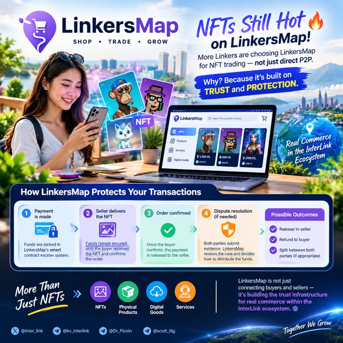 A promotional graphic for LinkersMap highlights "NFTs Still Hot on LinkersMap!" with a 4-step process explaining "How LinkersMap Protects Your Transactions": (1) Payment is made, (2) Seller delivers the NFT, (3) Order confirmed, and (4) Dispute resolution if needed, with possible outcomes including release to seller, refund to buyer, or split between both parties. The image features a smiling woman browsing NFTs on her phone, alongside categories like NFTs, Physical Products, Digital Goods, and Services, reinforcing the post's message about LinkersMap's trust and protection through its smart contract escrow system.