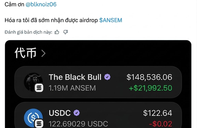 A social media post thanking @blknoiz06 for an airdrop of $ANSEM, showing a crypto wallet holding 1.19M ANSEM (The Black Bull) valued at $148,536.06 and 122.69 USDC.
