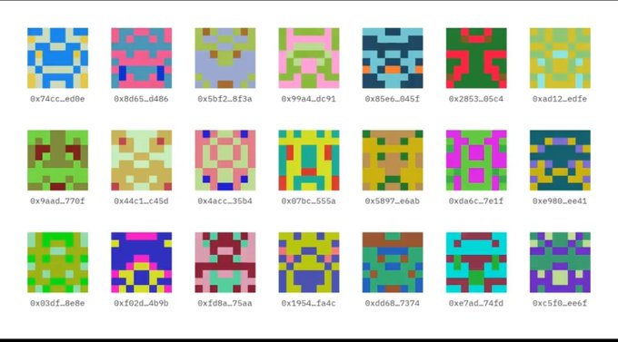 The image displays a grid of 21 colorful pixelated square patterns, each labeled with a unique identifier starting with "0x" (e.g., "0x74cc_ed0e," "0x8d65_d486," "0x9aad_770f"), resembling cryptographic hash addresses. 

In the context of the accompanying tweet asking followers to like, retweet, and drop their wallet addresses, these hex-labeled images likely serve as visual representations or branding assets tied to a wallet collection or giveaway project on Ethereum.