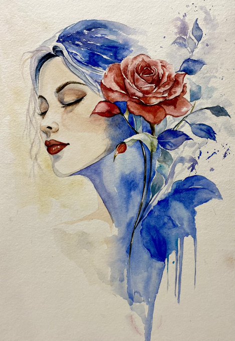 A delicate watercolor painting of a woman in profile with closed eyes, featuring striking blue hair and body shading, with a vibrant red rose positioned where her ear would be.