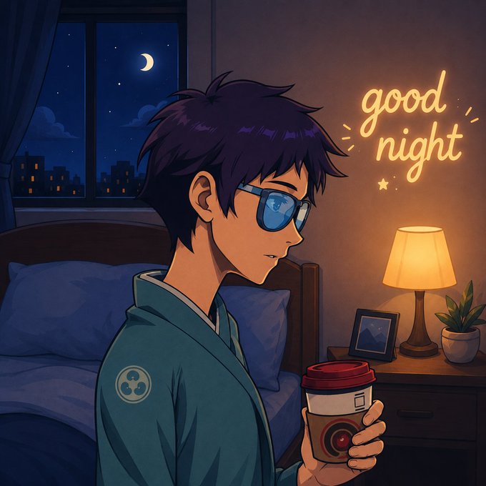 An anime-style illustration of a young man in pajamas holding a coffee cup in a bedroom at night, with a glowing 'good night' neon sign, a lamp, and a crescent moon visible through the window.