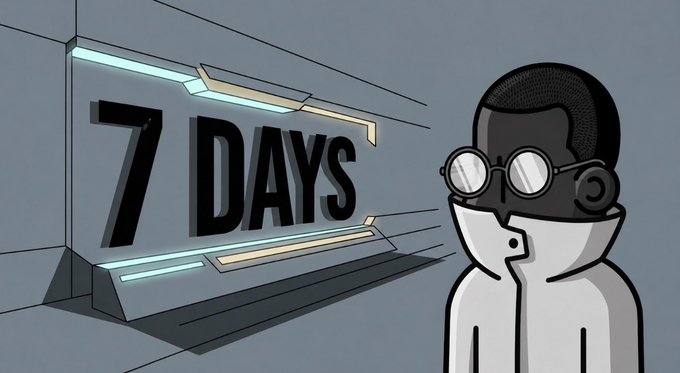 A stylized animated illustration of a character with round glasses standing next to a glowing sign that reads '7 DAYS'.
