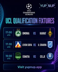 The image displays UEFA Champions League qualification fixtures featuring matches: Omonia vs Karaba (17:00 UTC), Levski Sofia vs D. Zagreb (17:30 UTC), and Egnatia vs Celje (18:00 UTC), promoted by Yup.nup. The connection to the "TRADE SUCCESSFUL" post suggests a completed betting or prediction trade on these qualifying matches.