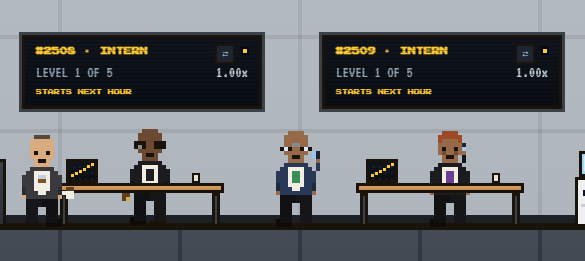 A pixel art scene depicting a trading floor with four interns seated at desks, displaying stock tickers above them including '$2505 - INTERN LEVEL 1 OF 5' and '$2509 - INTERN LEVEL 1 OF 5', both showing 'STARTS NEXT HOUR' with 1.00x multiplier.