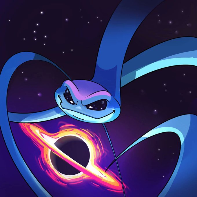 A digital illustration of a blue, cartoonish alien-like creature with large eyes in space, accompanied by a glowing orange and purple ring resembling a black hole.