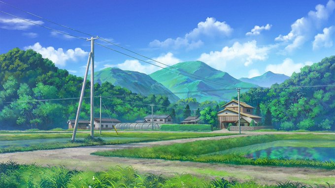 An anime-style illustration of a rural Japanese countryside scene with mountains, green fields, traditional and modern houses, and power lines under a blue sky.