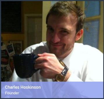 A photo of a smiling man in a white t-shirt holding a dark blue mug, with an overlay identifying him as 'Charles Hoskinson, Founder'.