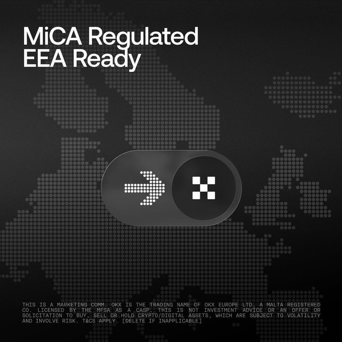 The image presents a poster or advertisement for a company called @OKX, which has just moved its operations to another country. The poster features a map of Europe and an arrow pointing towards a checkerboard pattern with small Xs on it, representing the company's new location in Europe. The text on the poster indicates that if someone were to move their investments from one MiCA regulated EEA ready account to @OKX's account, they would receive a bonus of 8%.