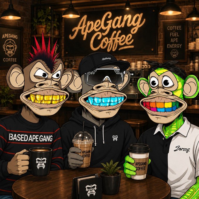 An illustration of three cartoon apes with gold grills at a coffee shop, featuring signage that reads 'ApeGang Coffee', 'COFFEE FUEL APE ENERGY', and 'BASED APE GANG'.