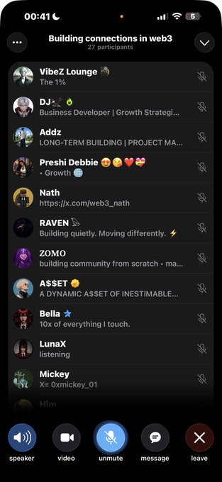 A screenshot of a Twitter Spaces room titled 'Building connections in web3' with 27 participants, showing a list of users including 'VibeZ Lounge', 'DJ', 'Addz', 'Preshi Debbie', 'Nath', 'RAVEN', 'ZOMO', 'ASSET', 'Bella', 'LunaX', 'Mickey', and 'Him', with audio controls at the bottom.