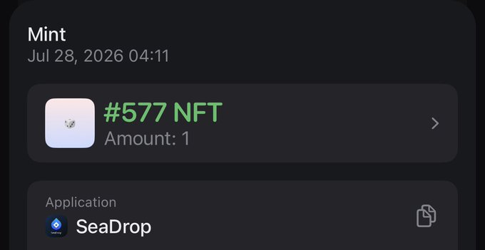 A digital wallet transaction screen from Mint dated Jul 28, 2026 04:11 showing '#577 NFT Amount: 1' received via the SeaDrop application.