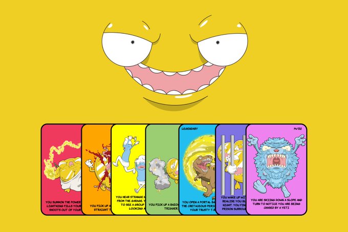 A meme featuring a yellow cartoon face with an intense grin above seven tarot-style cards depicting various chaotic scenarios.