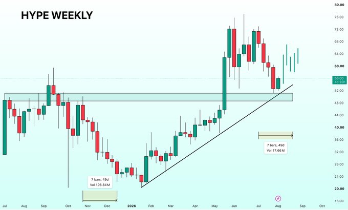 A weekly stock chart titled 'HYPE WEEKLY' showing candlestick price action with a rising trendline, highlighting consolidation zones around $20 and $40.