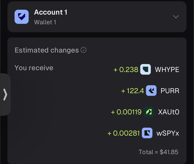 A crypto wallet interface shows estimated changes for Account 1, Wallet 1, with receiving amounts: +0.238 WHYPE, +122.4 PURR, +0.00119 XAU₮0, and +0.00281 wSPYx, totaling $41.85.