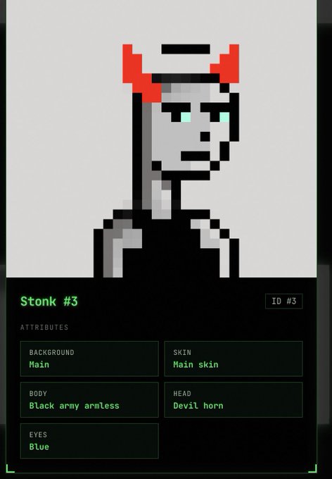 A pixel-art profile of "Stonk #3" displays attributes including a main background, black army armless body, devil horn head, and blue eyes. The image relates to an upcoming NFT mint of 2,222 "Stonk" items priced at 1 USDTO each.