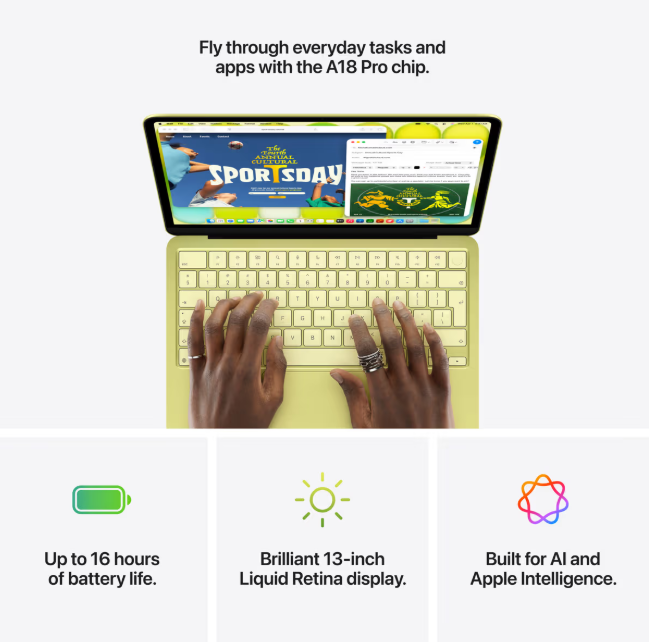 An advertisement for the MacBook Neo highlights its A18 Pro chip with the tagline "Fly through everyday tasks and apps with the A18 Pro chip," alongside features including up to 16 hours of battery life, a 13-inch Liquid Retina display, and built-for Apple Intelligence. The image shows hands typing on a yellow MacBook Neo displaying a "SPORTSTODAY" webpage, supporting the post's motivational message about working hard to afford the $1000 laptop.