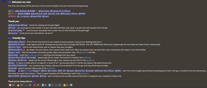 A dark-themed Discord or forum announcement titled "Welcome our new" listing new DOCs handling inactive Decoded units, followed by a "Thank you" section and "friendly tips" from various contributors.
