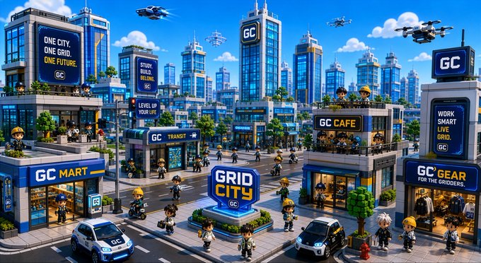 A vibrant, futuristic LEGO-style metropolis featuring 'GRID CITY,' 'GC MART,' 'GC CAFE,' and 'GC TRANSIT,' with billboards declaring 'ONE CITY. ONE GRID. ONE FUTURE' and 'LEVEL UP YOUR LIFE.'