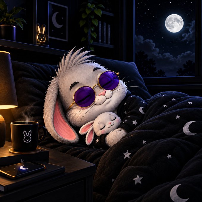 A digital illustration of a fluffy gray bunny wearing round purple sunglasses, sleeping in bed with a smaller bunny plush, beside a steaming mug with a bunny logo, under a window showing a full moon and starry sky.