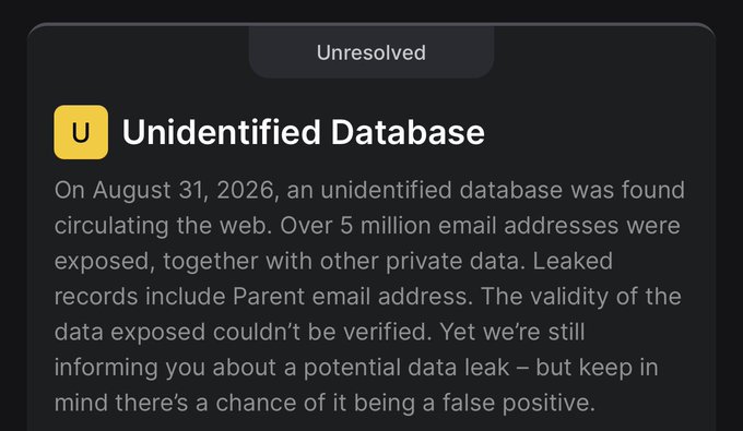 A notification card titled 'Unidentified Database' under an 'Unresolved' tag warns of a potential data leak on August 31, 2026, involving over 5 million email addresses.