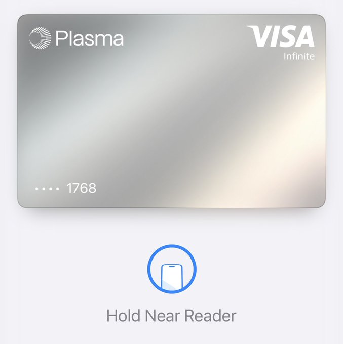 A sleek metallic Plasma Visa Infinite card (ending in 1768) is displayed with an NFC "Hold Near Reader" icon below, illustrating the post's claim that this premium crypto card never gets declined for transactions.