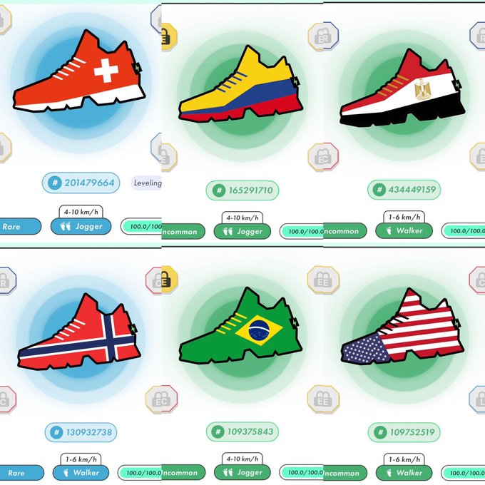 A screen capture from the STEPN app showing six digital NFT sneakers designed with various national flags including Switzerland, Colombia, Egypt, Norway, Brazil, and the USA, displayed with stats like 'Jogger' and 'Walker' types.