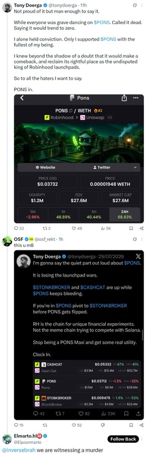 A series of social media posts by Tony Doerga discussing the cryptocurrency $PONS, mentioning its token metrics, and criticizing competing chains like Solana.