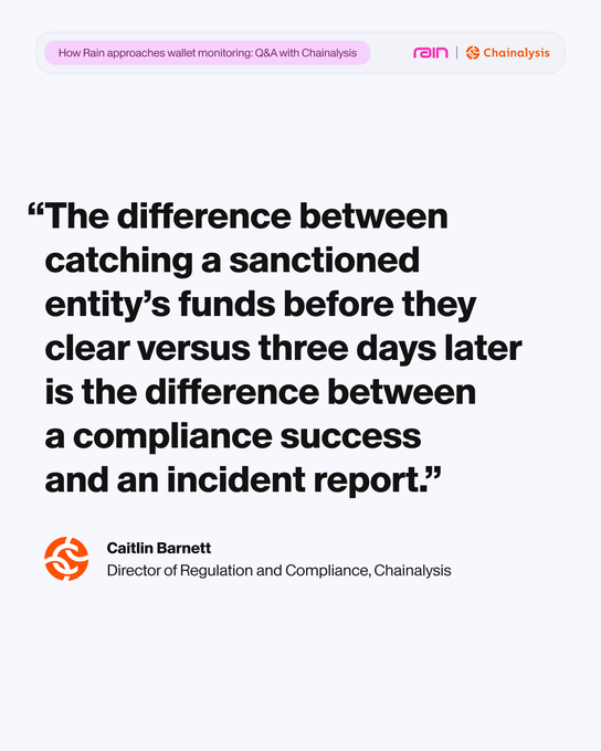 A Chainalysis quote graphic by Caitlin Barnett, Director of Regulation and Compliance: 'The difference between catching a sanctioned entity's funds before they clear versus three days later is the difference between a compliance success and an incident report.'