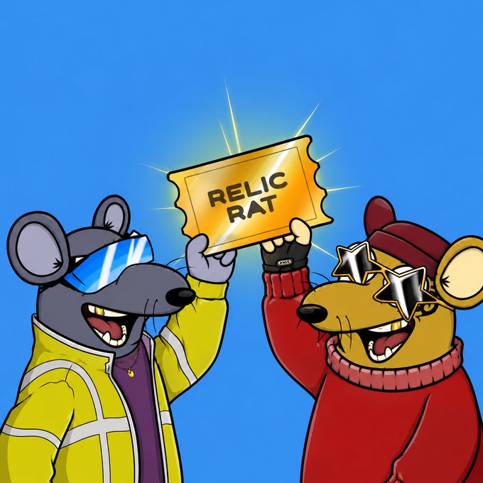 The image features two cartoon mice dressed up for a party or event, holding a golden ticket that says "Relic Rat" on it. The mice are wearing sunglasses and jackets, giving them a cool and stylish appearance. The text "Ronin Network" is also present in the image.