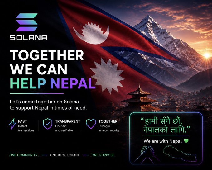 A Solana cryptocurrency promotional banner titled 'TOGETHER WE CAN HELP NEPAL' featuring the Nepalese flag, Mount Everest, and temple imagery, with text highlighting fast, transparent, and together community values.