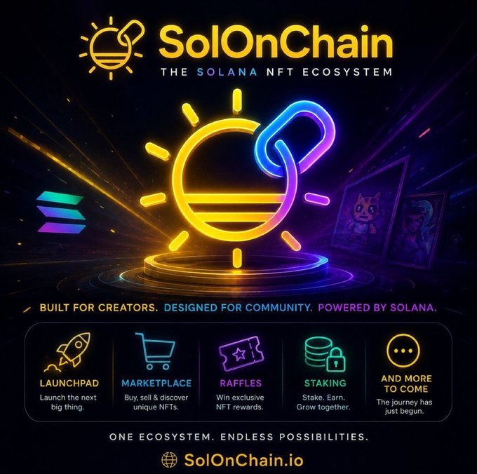 A promotional graphic for 'SolOnChain - The Solana NFT Ecosystem' featuring a glowing sun and chain link logo, with sections for Launchpad, Marketplace, Raffles, and Staking.