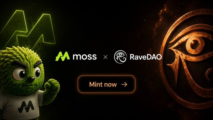 A promotional banner features a green moss-covered cartoon mascot on the left and a bronze Eye of Horus emblem on the right, with 'moss × RaveDAO' text and an orange 'Mint now' button in the center.