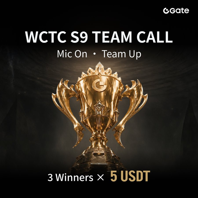 A promotional graphic for 'WCTC S9 TEAM CALL' by Gate, featuring a golden trophy and the text 'Mic On • Team Up' and '3 Winners × 5 USDT'.
