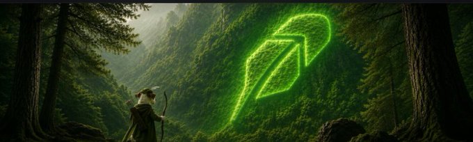 A fantasy forest scene where an archer looks toward a glowing green leaf symbol projected onto the mountainside.