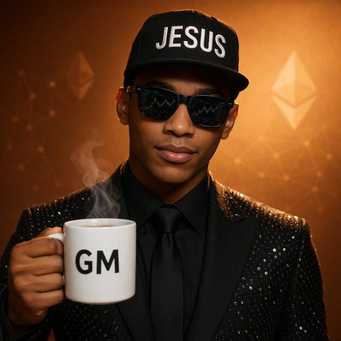 A young man wearing a black cap with 'JESUS' written on it and sunglasses reflecting stock charts, holding a white mug that says 'GM' against an orange background with Ethereum logos.