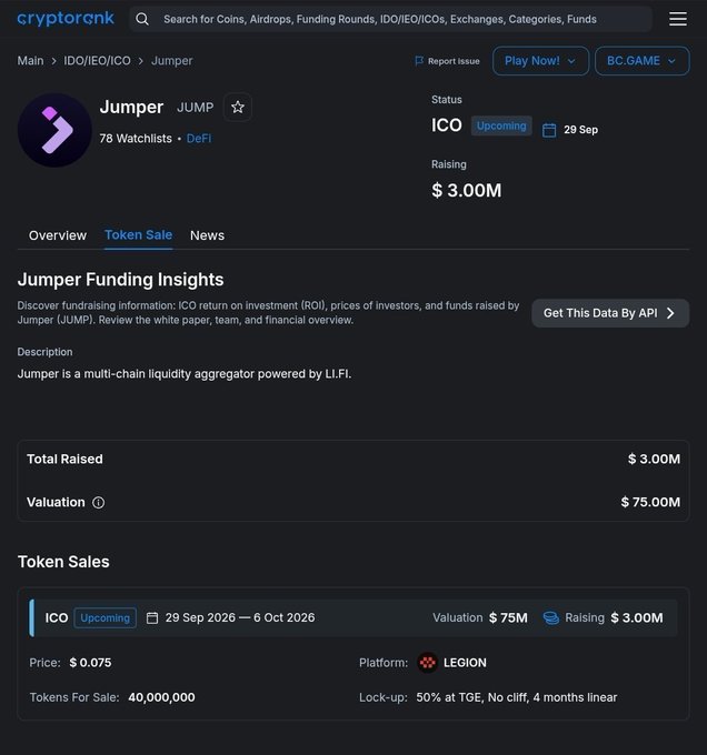 A Cryptorank webpage showing the Jumper (JUMP) DeFi token ICO details, including total raised $3.00M, valuation $75.00M, and upcoming token sale on the LEGION platform.
