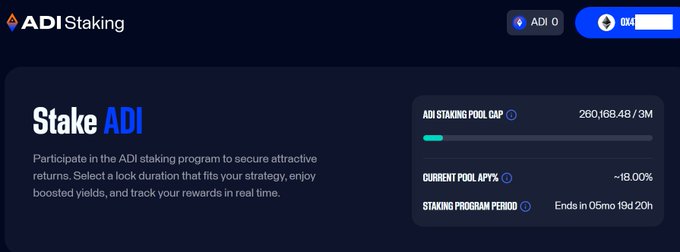 The image displays the ADI Staking dashboard, highlighting key metrics: an ADI Staking Pool Cap of 260,168.4B/3M, a Current Pool APY of ~16.00%, and a staking program period ending in 05mo 19d 20h. This visually reinforces the post's point about the underlying staking mechanics—a fixed 250K $ADI reward pool with a 3M cap—rather than just the headline 16% APY.