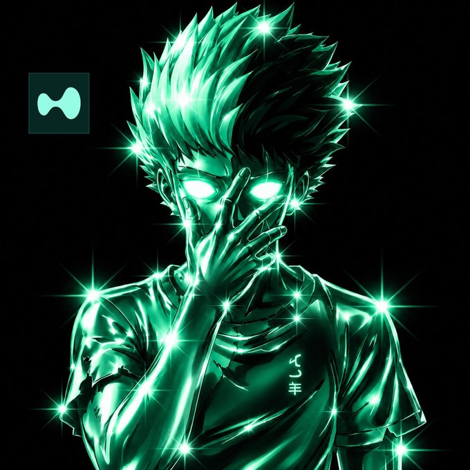A glowing green digital illustration of an anime character with glowing eyes and spiky hair against a dark background.