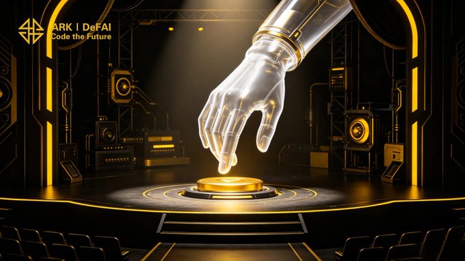 The image features a hand reaching out towards an object, possibly a golden coin or a key, with the intention of turning it over. The scene takes place in front of a stage, suggesting that this action might be part of a performance or event. The caption above the image reads "One touch can turn intent into action. Arkie AI App is designed to make AI Agents easier for every ARK user to use in real life - from planning and content creation to task execution and Web3 participation". This implies that the hand's action could be related to a specific event or performance, where the hand represents an AI Agent, and the golden coin or key symbolizes a particular goal or objective. The image emphasizes the idea of taking control over one's intentions and actions through technology, as well as the potential for AI Agents to assist in achieving desired outcomes.