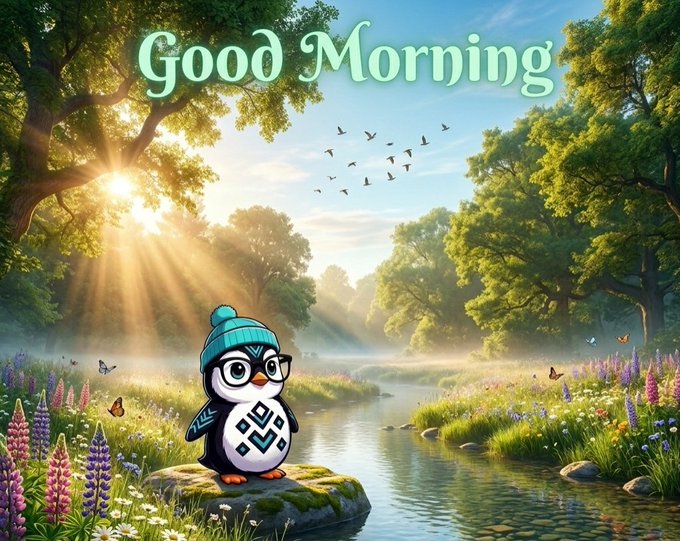 The image features a cartoon penguin sitting on a rock by a river surrounded by flowers, trees, and birds. The text "Good morning" is written above the penguin's head, and there are several butterflies flying around the scene. The image also includes a caption that reads "Focus on what is in the image and how it relates to the post." This suggests that the image might be related to cryptocurrency or digital assets, as it features a cartoon penguin sitting by a river with flowers and trees, which could symbolize the growth of digital currency or the importance of nature in our lives.
