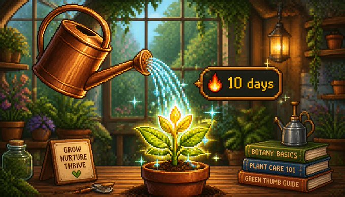 A pixel-art style illustration shows a copper watering can pouring glowing water onto a young plant in a terracotta pot, with a sign reading "10 days" with a fire icon, a placard reading "GROW NURTURE THRIVE," and a stack of books titled "BOTANY BASICS," "PLANT CARE 101," and "GREEN THUMB GUIDE" in a greenhouse setting.